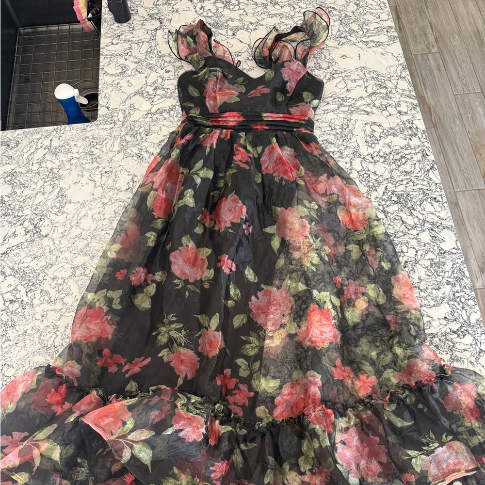 Lulu's Black and Pink Floral A-Line Skirt